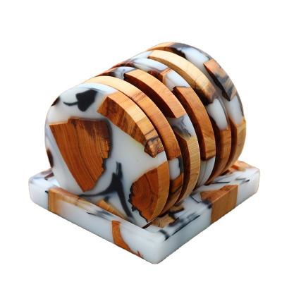 China New 8cm 9cm Sustainable Cedar Epoxy Resin Wooden Mug Glass Coasters With Stand for sale