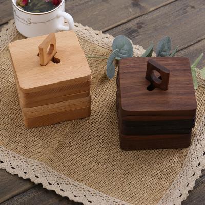 China NEW workable square walbut beech wood cup coaster set with stand for sale