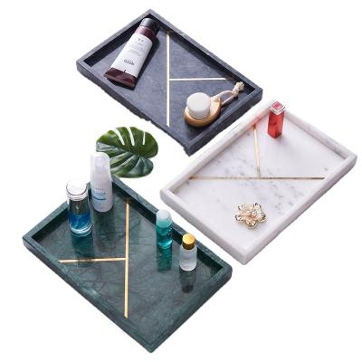 China Luxury Table Decoration Marble Organizer with Brass Stripe Marble Serving Tray for sale