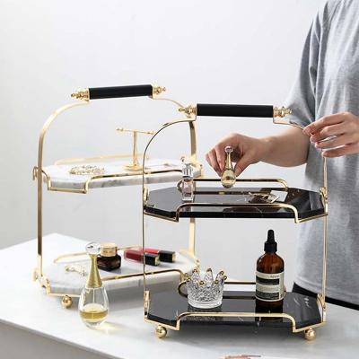 China Marble + Metal Nordic Luxury Cake Cosmetics Display Natural Stone Marble Storage Double Plates Tray for sale