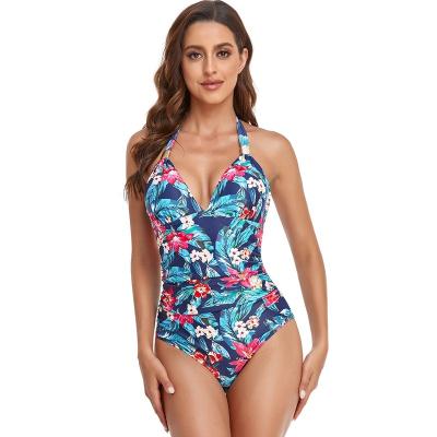 China Breathable Women Printed Backless Sexy V-Neck Swimwear Summer Beach Wear One Piece Slimming Bathing Suit S~XXL for sale