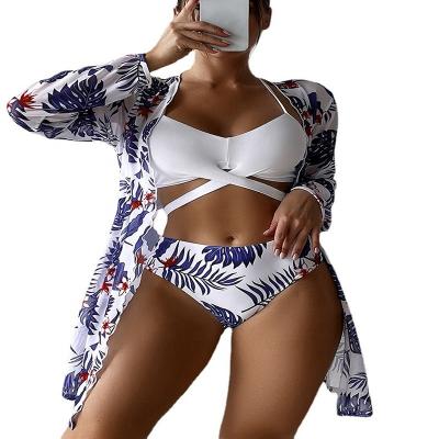 China Breathable floral twist waist bikini bottom set cover up swimwear for women lift up long sleeve three piece swimwear 2023 beach swimwear for sale