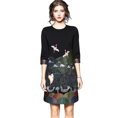 China Fast Fashion Women's Clothing Black Three Quarter Sleeve Dress Embroidered Dress for sale