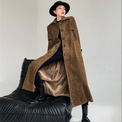 China New retro coffee corduroy autumn and winter long oversized viable loose anorak over - knee coat women for sale