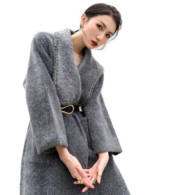 China Sustainable Designed Floral Gray Woolen Coat Women's Mid Length Belt Thickened Temperament Women Coat for sale