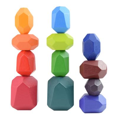 China DIY TOY Kids Colored Balancing Blocks Stones Set of 10 Wooden Blocks Family Shape Education Children Creative Wooden Stone Brick Stacker for sale