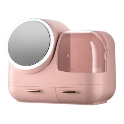 China Viable USB Charging Makeup Storage Box Makeup Mirror LED Desktop Makeup Mirrored Pptional Cosmetic Mirror for sale