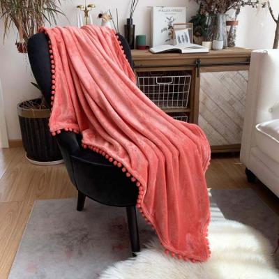 China PORTABLE Flannel Blanket With Pompom Fringe Lightweight Cozy Bed Blanket Throw Soft Tassel for sale