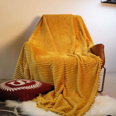 China PORTABLE Bed Sofa Couch Decorative Throw Pompom Gold Pompom Flannel Fleece Velvet Tassel Fringe Blanket Throw Mustard Yellow for sale