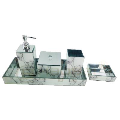 China Sustainable Bathroom Supplies Marble Mirror Holder Toothbrush Bin Box Tissue Bottle Bath Glass Bathroom Set for sale