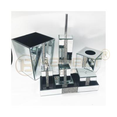 China Viable Diamond Trash Cotton Swab Box Glass Bathroom Supplies Silver Tissue Glass Box Mirror Bathroom Set for sale