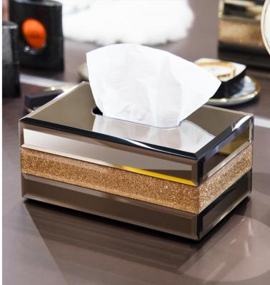 China Modern Minimalist Elegant Glass Tissue Box Gold Glitter Mirror Tissue Splicing Glass Box for sale