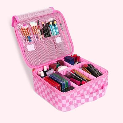 China Fashion Ready To Ship PU Leather Detachable Cosmetic Tool Organizer Zipper Dividers Case Pink Plaid Makeup Bag for sale