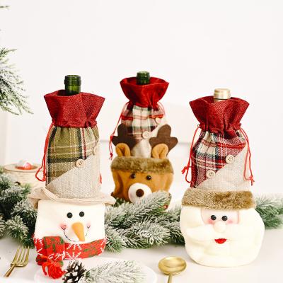 China Christmas Decor Gift Santa Clause Snowman Reindeer Linen Button Plaid Canvas Drawstring Bag Bags Bottle Cover for sale