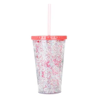 China Factory Wholesale Double Wall 16oz Kids Wide Mouth Eco-Friendly Custom Glitter Plastic Drink Cups With Straw for sale