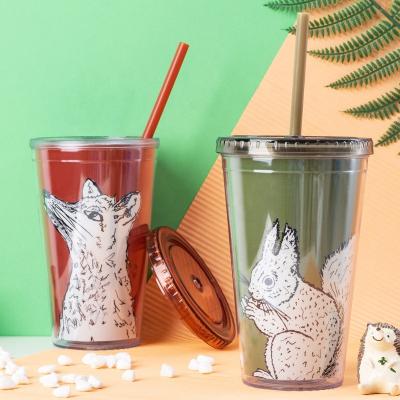 China Double Wall Straw Cup With Pvc Cartoon Viable Creative Hard Design Cup Clear 16oz Plastic Insert for sale