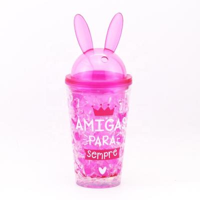 China Hot Selling Sustainable Products 16oz Double Wall Plastic Rabbit Ear Lid Water Cup With Straw for sale