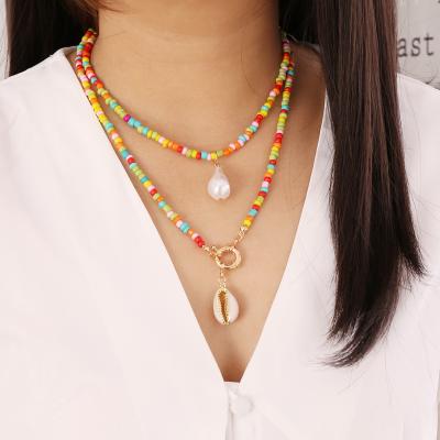 China PJ-C328 Miyuki Punk Seed Beads Multi Color Pearl Necklace, Double Layer Shell Pearl Pendant Necklace Baroque Long Necklace for sale