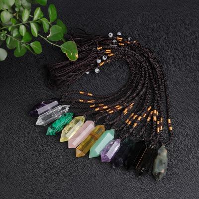 China PJ-C210 double tip crystal polished original stone necklace energy punk natural purple crystal pendant stone for sale