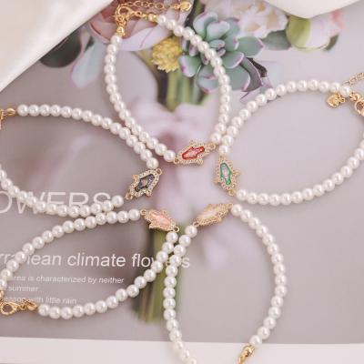 China PJ-C327 FASHIONABLE natural bead bracelet crystal bead beaded hamsa charm bracelet, gold plated Fatima connector hand for sale