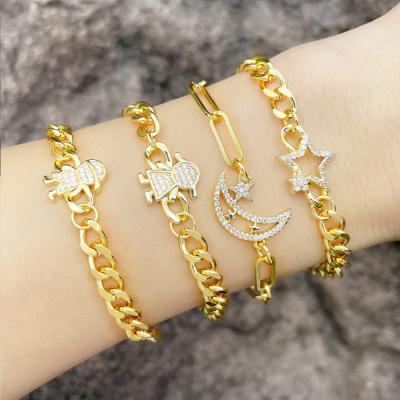 China PJ-C157 Couples Boy Girl Moon Star Bracelet Lead Free High Quality Set, Cubic Zirconia Link Chain Bracelet Gold Plated Jewelry for sale