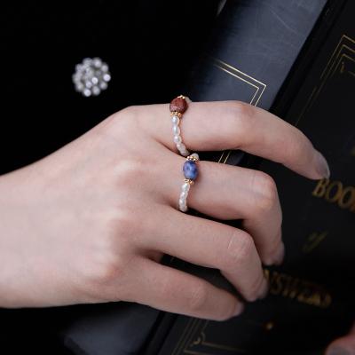 China PJ-C262 Cute Natural Freshwater Pearl Beaded Ring, Ring Pearl Gemstone Ring Red Blue Stone Jewelry for sale