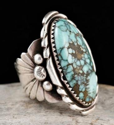 China PJ-C257 Cute Indian Style Retro Blue Checked Turquoise Lady's Silver Ring Artificial Semi-precious Stone Ring for sale