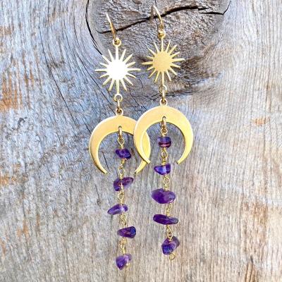 China PJ-C248 BOHEMIA Sun Moon Healing Stone Gold Plated Gemstone Tassel Earring, Raw Stone Earring for sale