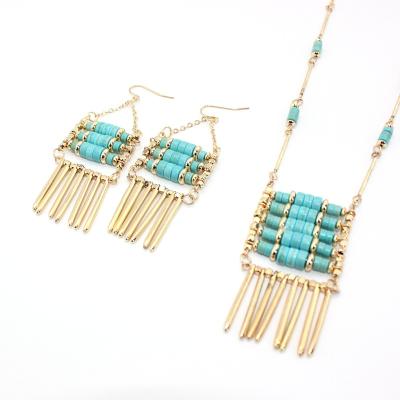 China PJ-C289 BOHEMIA Jewelry Set Necklace Earring Turquoise Gold Plated Earring, High Quality Tassel Style Earring Necklace Sets for sale