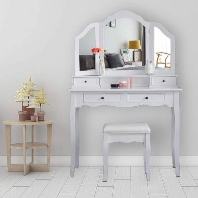 China MDF/Wood Bedroom Vanity Set Dressing Tables Vanity Desk Set With 3 Drawers And Mirror 4 Fold Stools for sale