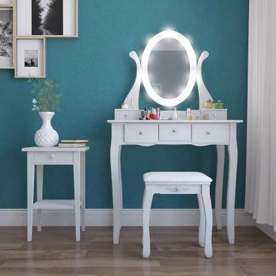 China High Quality Disassembled Wooden Dressing Table 5 Drawers Makeup Vanity Table With Lighted Mirror for sale