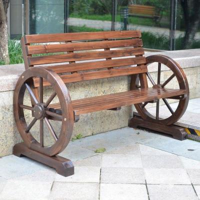 China Rustic Outdoor Wood Wheels Armrest Chair Antique Flame Burnt Brown Wood Bench With Wheel Armrest for sale