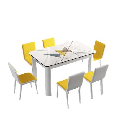 China (Other) hot selling adjustable dining table top and chair set tempered glass and steel frame dining table 6 people rectangular dining table for sale