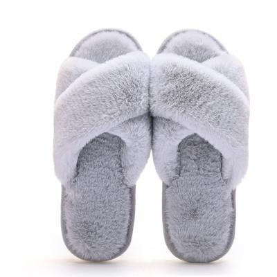 China EVA Cross Stripe Women Furry Slippers Bedroom Shoes Indoor Outdoor Comfortable Rabbit Faux Fur Slippe for sale