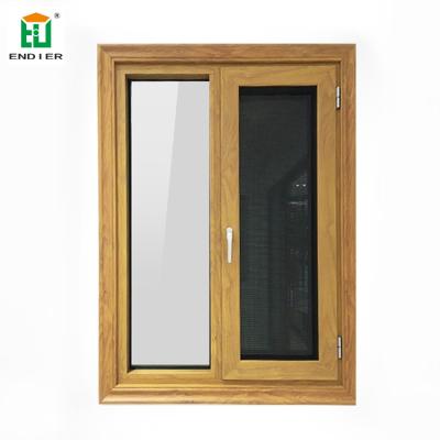 China Foshan factory wood grain aluminum alloy fly net window sliding windows with fiber mosquito net for sale