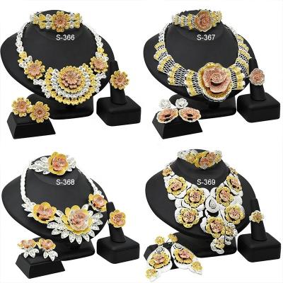 China High Quality Jewelry Set African Tricolor Jewelry Set 24K Gold Plated Bridal Earrings Ring Bracelet Dubai Wedding Necklace Set Of Four for sale