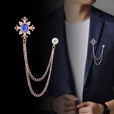 China Factory Outlet Gold Plated Acrylic Zinc Alloy Pin Rhinestone Shirt Collar Chain K Cross Brooch Mens Tassel Chain Necklace for sale