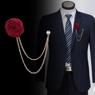 China Handmade Rose Fabric Brooch Fringe Chain Men's Fashion Suit Brooch Acrylic Brooch Groom Groomsman Wedding Corsage Jewelry Accessories for sale