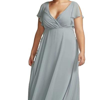 China Anti-Static Plunging V-Neck Floating Full Circle Skirt Floating Flattering Sleeves Plus Size Bridesmaids Dresses for sale