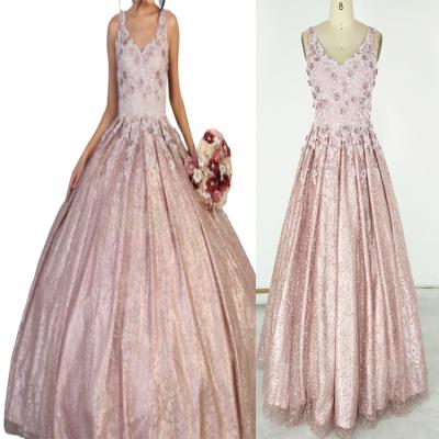 China Floral Appliqued Sleeveless Back Pink Puffy Ball Gown Sparkle Price Lace Floor Length Charming Unique Bottom Anti-Static Design for sale