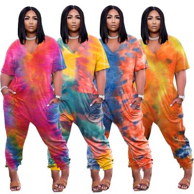 China 2022 Lady Short Sleeve Print Dye Tie V-Neck Wide Leg Viable Summer Women's One-Piece Romper Plus Size Overalls for sale