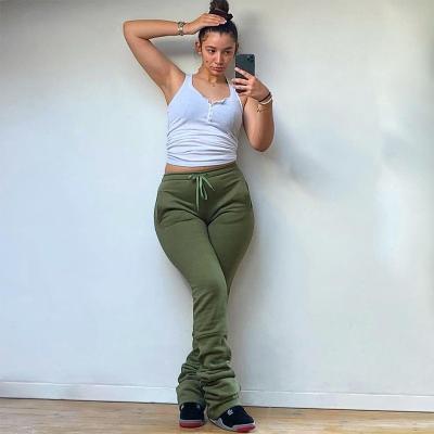 China Anti-Wrinkle Solid Color Drawstring Joggers Women Stacked Pants Sports Tracksuit for sale