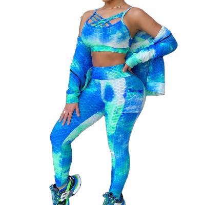 China QUICK DRY Fitness Yoga Pant Sets Wear Gaiters Tie Dye Long Sleeve Zipper Part Women 2 Pieces Set Tracksuits for sale