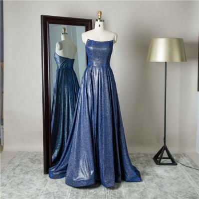 China Anti-static Shiny Square Collar Jacquard Fabric Evening Dress Blue Strapless Prom Dress For Ladies for sale