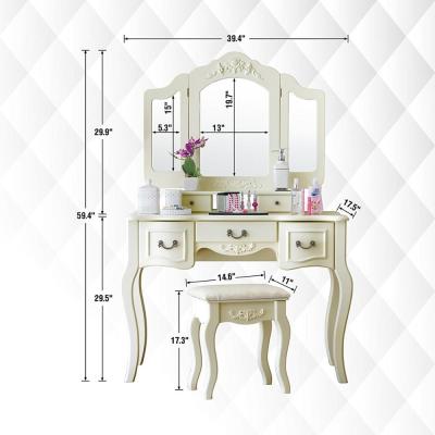 China Wooden Dressing Table 5 Drawers (Others) Adjustable White French Style 3 Mirrors for sale