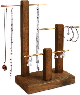 China Europe Jewelry Rack Display Set, 3-Layer Two-Way Wooden Adjustable Gold Aluminum Rod for sale