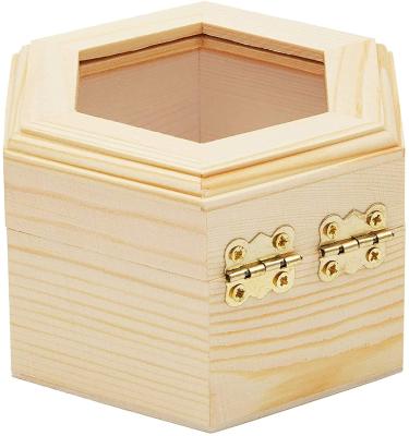 China Europe unpolished hexagonal wooden jewelry box, wooden box with acrylic lid, window and french buckle for sale