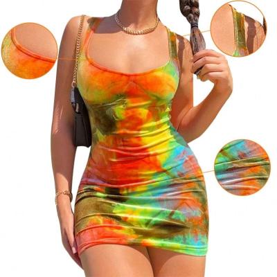 China 2020 Summer New Women Breathable Strap Tank Round Neck Fashion Tie Dye Dress for sale