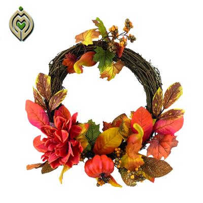 China Handmade Environmental Friendly Twig Knit Wreath Maple Leaf Berry Flower Pumpkin Autumn Style for sale