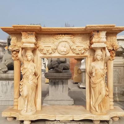 China Customized Traditional Classic Sunset Red Marble Fireplace Mantel With Woman Statue for sale